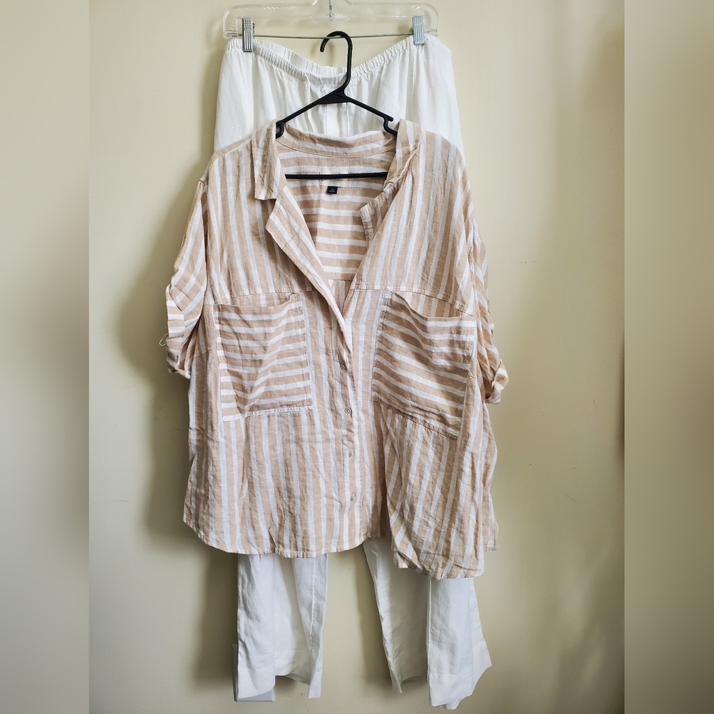 Beige Striped Button-Down Linen Pant Set